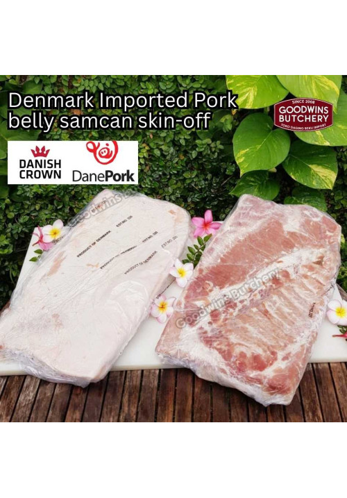 Pork belly skin off import samcan babi frozen Denmark DANISH CROWN whole cuts +/- 5kg 50x25x4cm (price/kg)